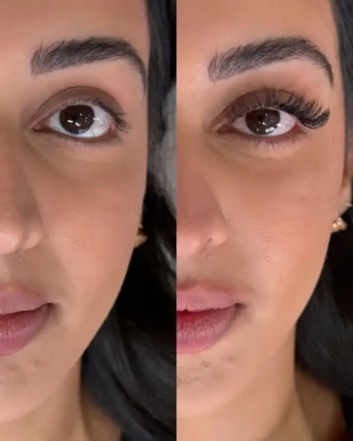 Before-and-after close-up of a Mikado Aesthetics lash extension result