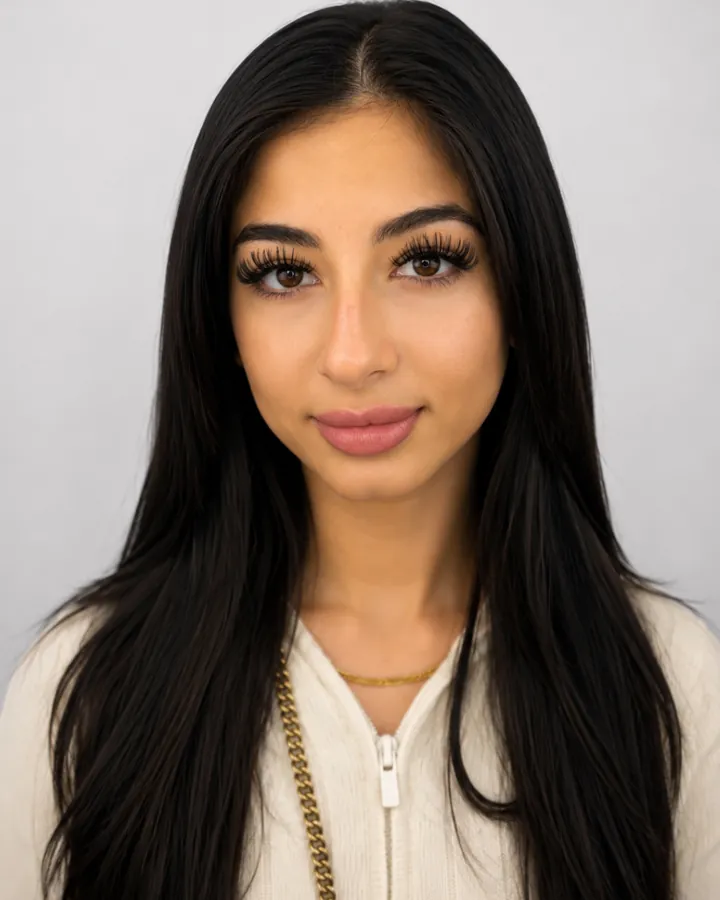 Model wearing a wet / mascara-look lash set with dark, defined spikes